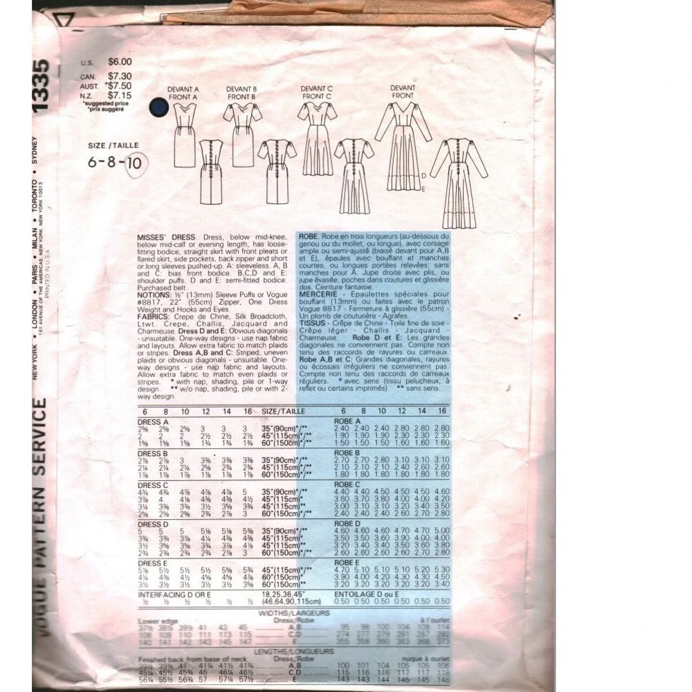 Vogue 1335 Basic Design Misses Dress Sewing Pattern Size 6 8 10 Vintage 80s